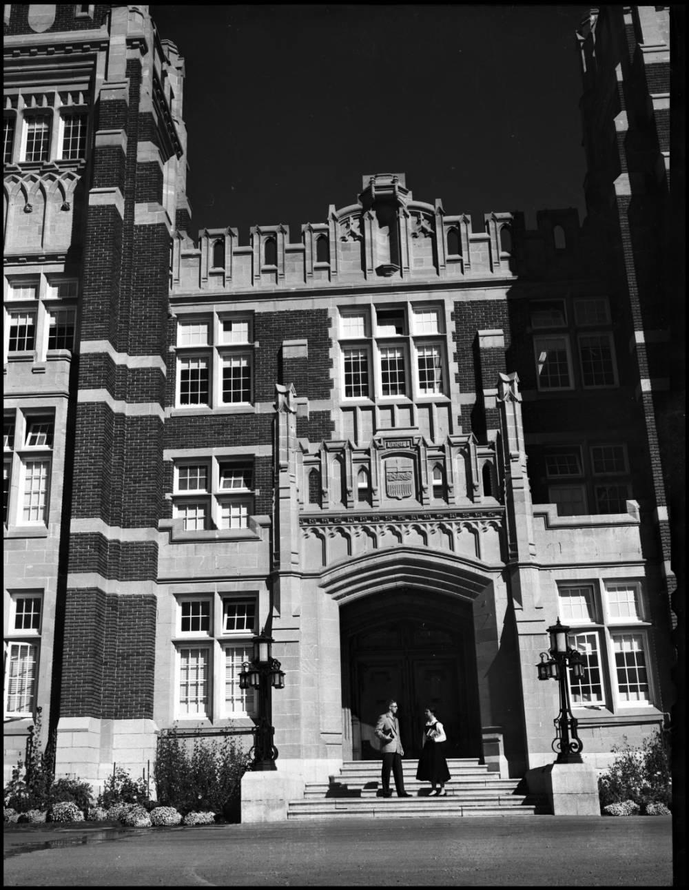 The main entrance of Heritage Hall (now part of SAIT campus) at the start of the 1954 fall term at the Calgary branch of the University of Alberta The main entrance of Heritage Hall (now part of SAIT campus) at the start of the 1954 fall term at the Calgary branch of the University of Alberta