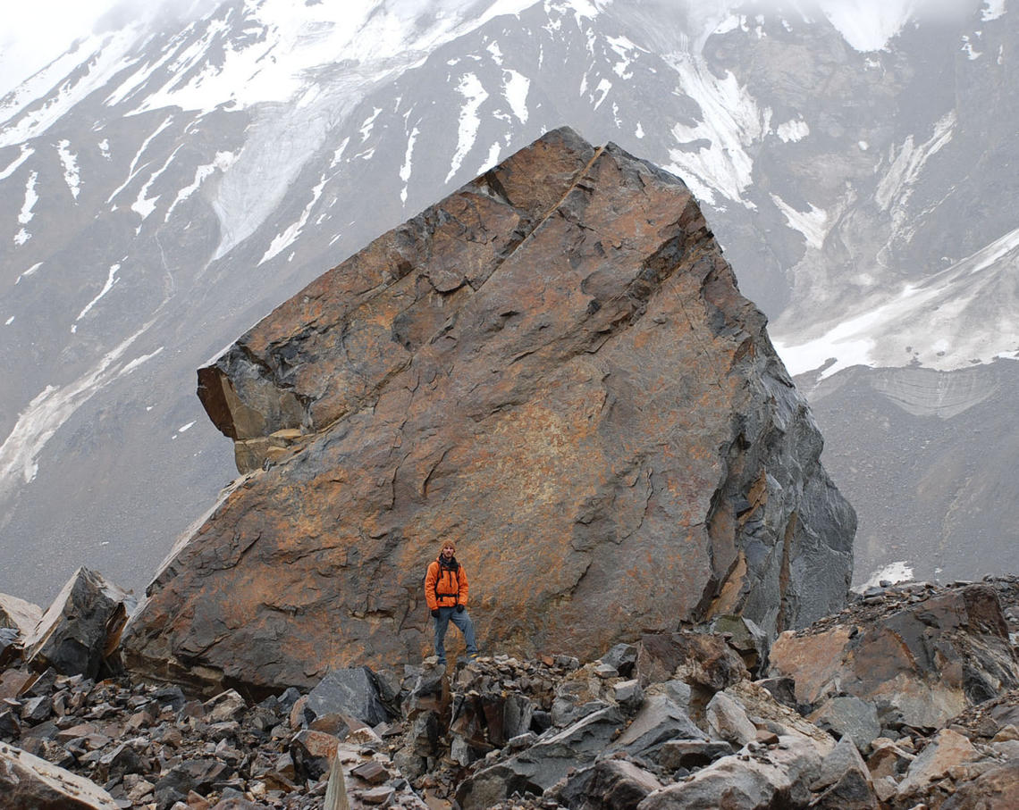 Large landslide-derived boulder on Black Rapids Glacier, Alaska