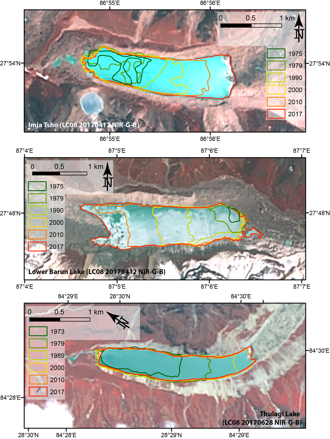 Satellite-derived glacial lake outlines, Nepal Himalaya