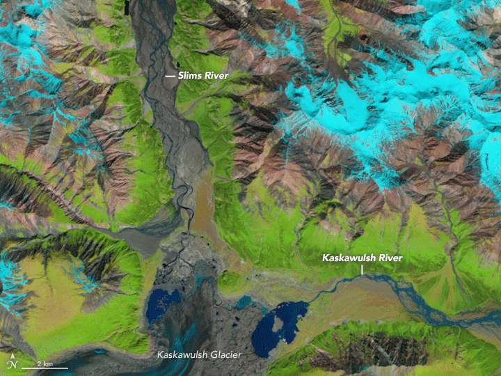 Satellite image comparison of Slims (A'ay Chu) and Kaskawulsh rivers, Yukon, following piracy event