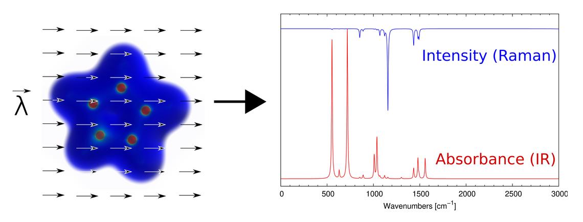 Electron density being distorted by the effect of an external perturbation. the response to such perturbations can be used to predict IR and Raman spectra