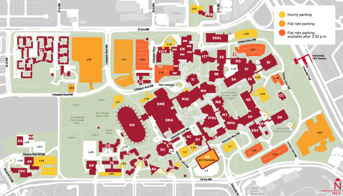 A portion of the map of main campus, showing roads, buildings, parking lots, and the c-train station