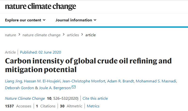 Nature Climate Change: Carbon intensity of global crude oil refining and mitigation potential