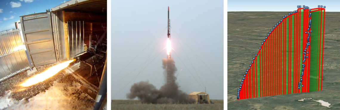 Propulsion ground testing (left); rocket launch (middle); and rocket trajectory (right)