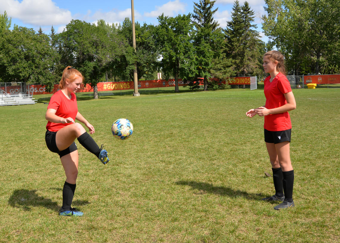 Soccer players performing volleys on a single-leg