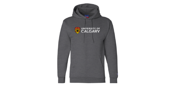 Grey pullover hoodie with UCalgary logo on chest