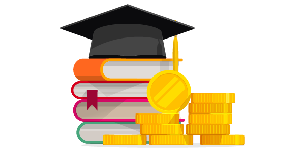 Stack of books with a graduation cap on top, pile of gold coins in the foreground.