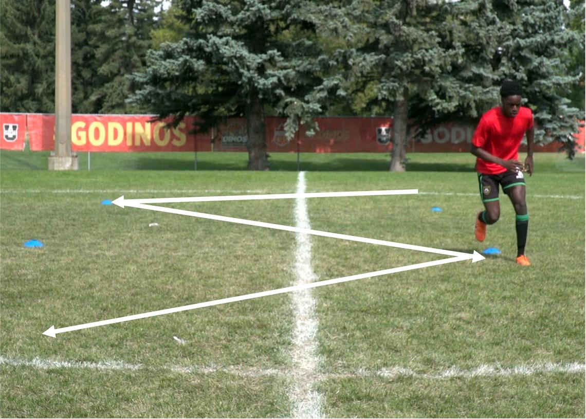 Soccer athlete performing forward zig-zag run