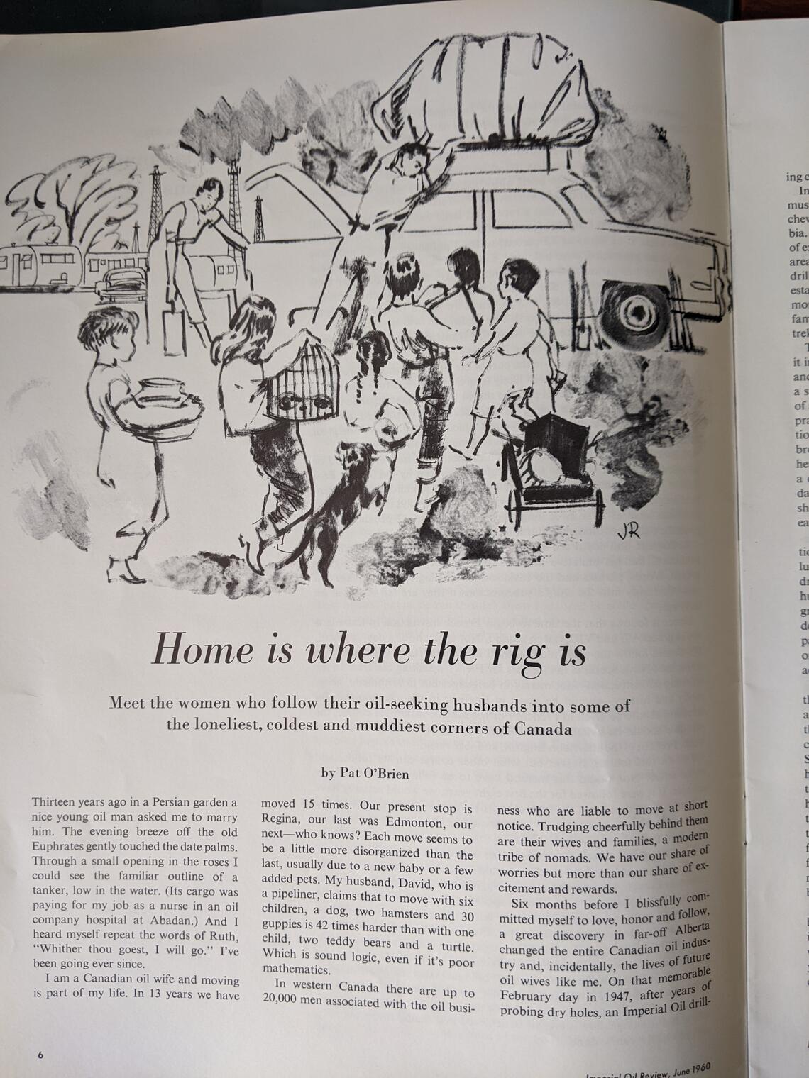 Magazine page with a story entitled Home is Where the Rig Is, and a line drawing of a family packing up a car with an oil rig in the distanceP