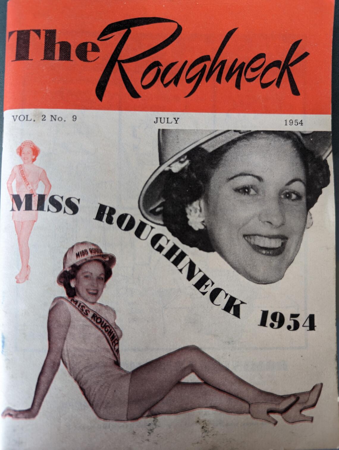 Cover for The Roughneck Magazine, displaying a woman in a bathing suit who was named Miss Roughneck 1954