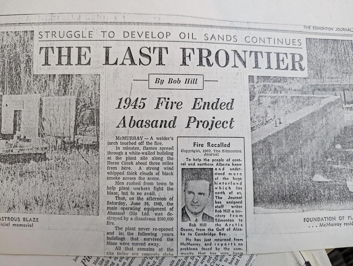 copy of Edmonton Journal article on Abasand's 1945 fire that ended the oil plant project