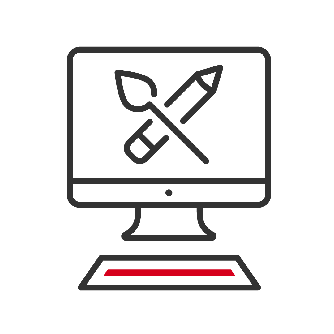 Icon of a computer with a paintbrush and pencil.