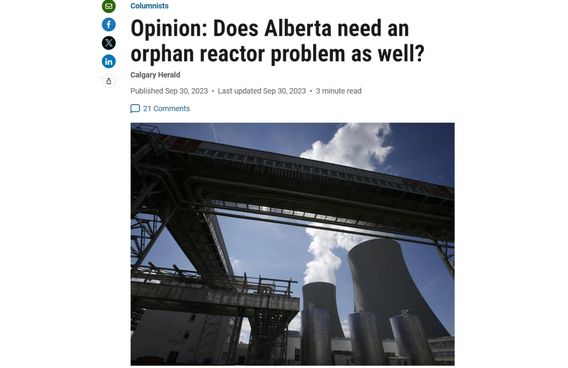 headline from the Calgary Herald that reads: Does Alberta need an orphan reactor problem as well?