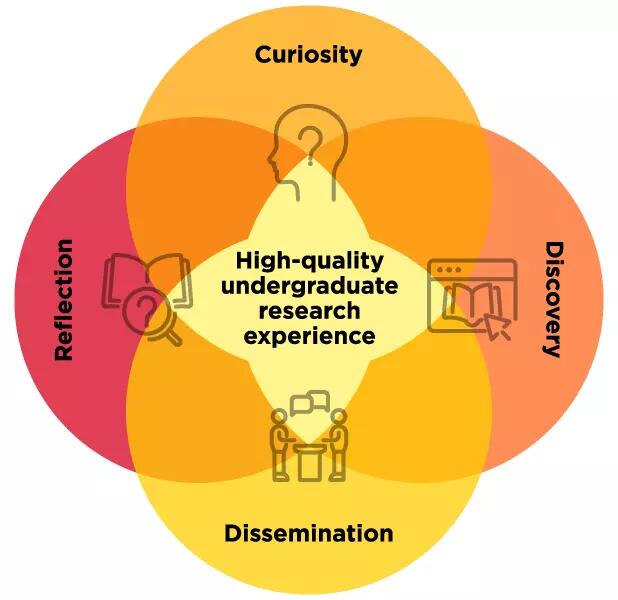 A graphic showing the areas of high-quality undergraduate research experiences including curiosity, discovery, dissemination, and reflection.