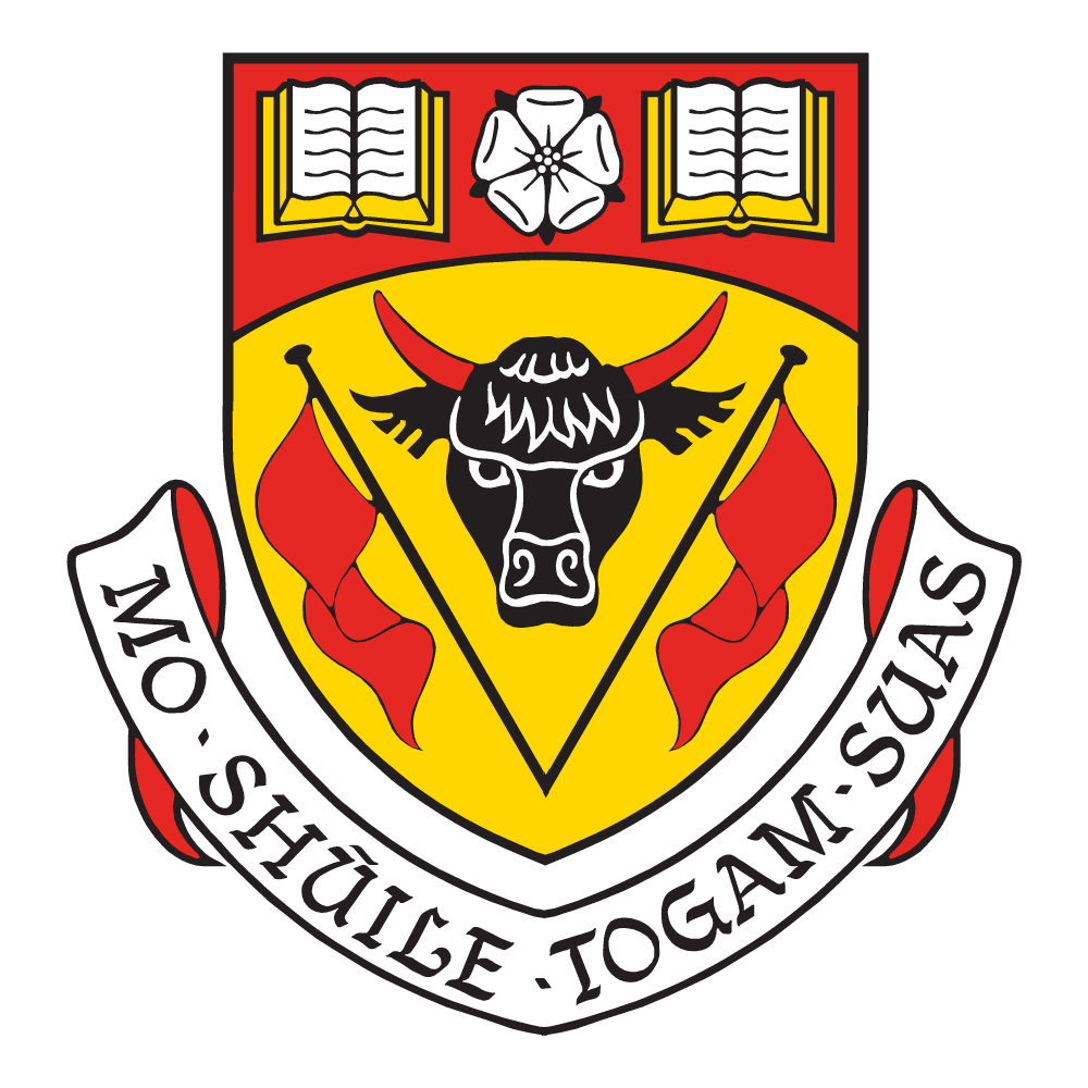 Red and yellow shield with a black bulls head, red pennants, a white rose, and open books