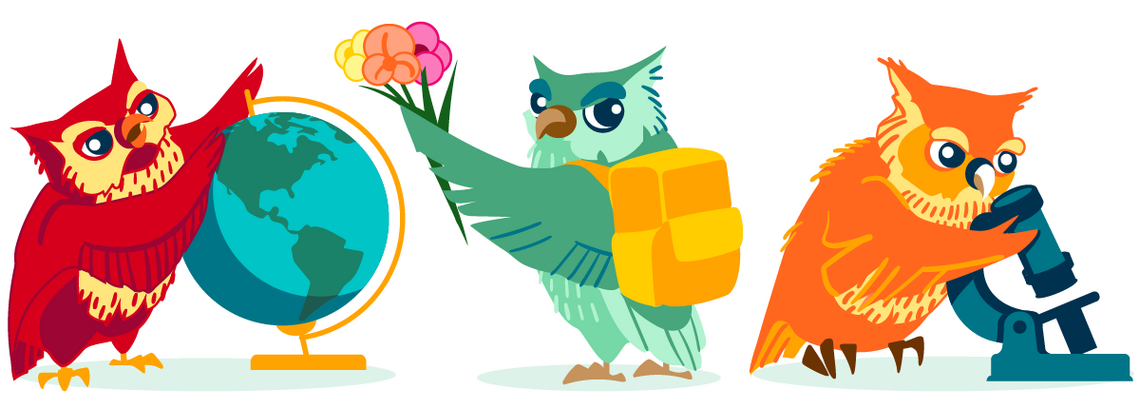 Three illustrated owls. The first is holding a globe. The second is wearing a backpack and holding flowers. The third is looking into a microscope.