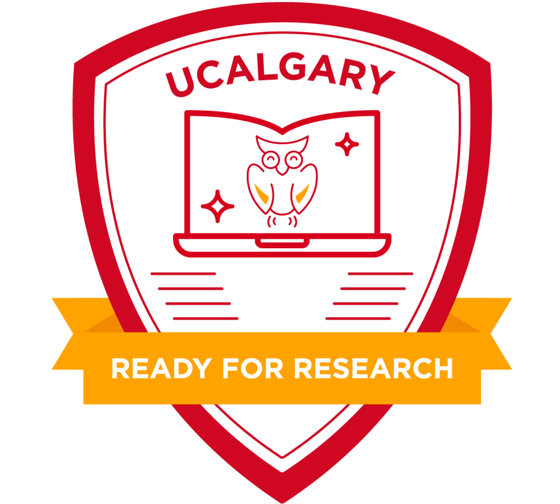 A badge graphic for Ready for Research. It's in the shape of a shield and has an owl inside a book that looks like a laptop.