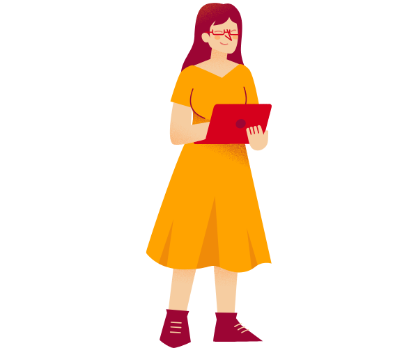 Illustration of a teacher with long hair and glasses wearing a dress and holding a laptop while standing.