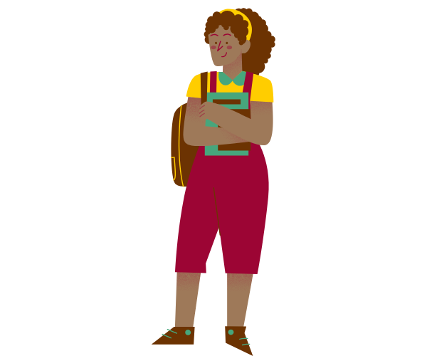 Illustration of a student with curly hair and a headband wearing suspenders and a backpack and holding books.