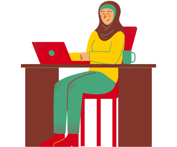 An illustration of a student wearing a hijab sitting at a desk with a laptop.