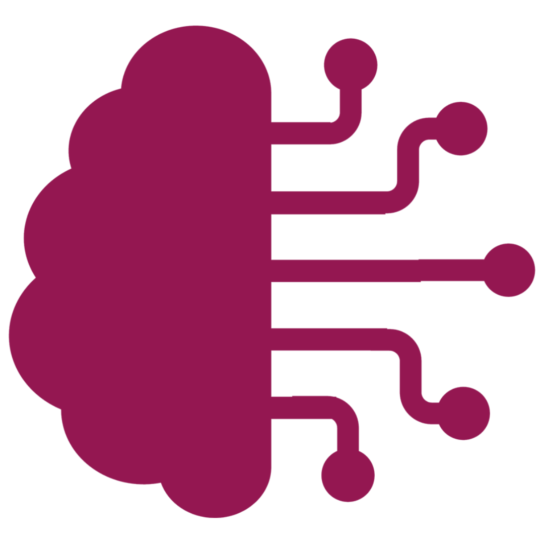 Icon for A I literacy showing a half brain with electronic nodes on the other side.