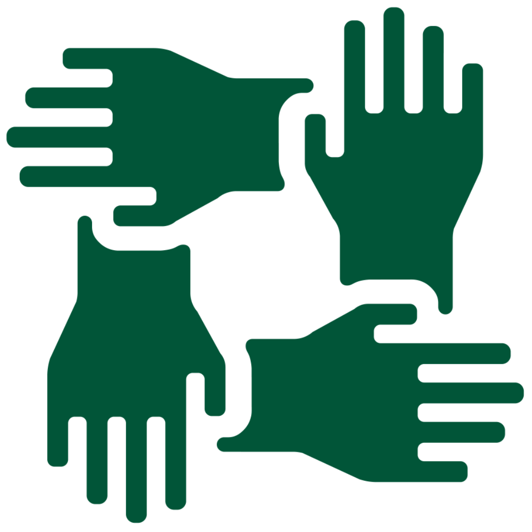 Icon for collaboration showing four hands in a square.