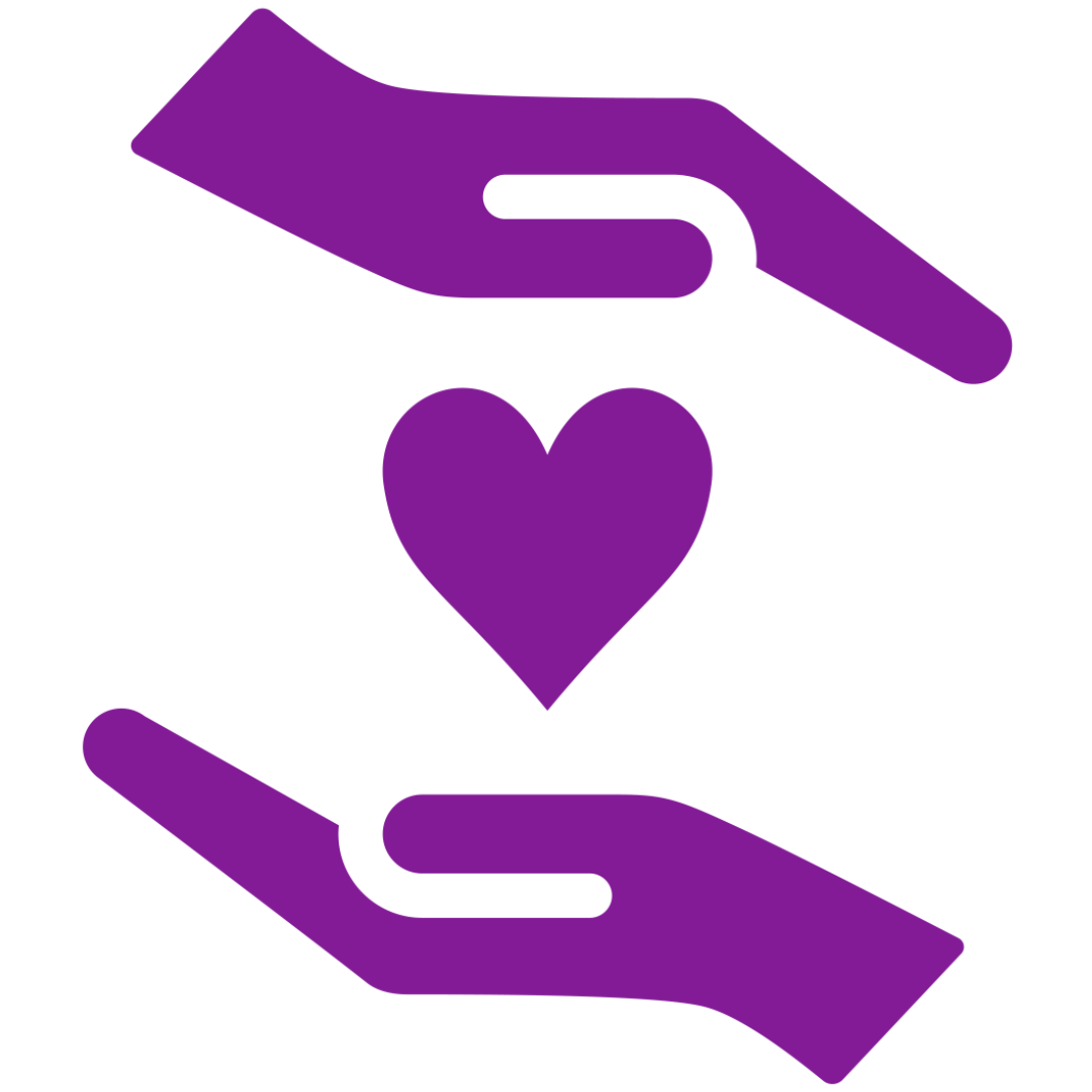 Icon for inclusivity with two hands with a heart between them.