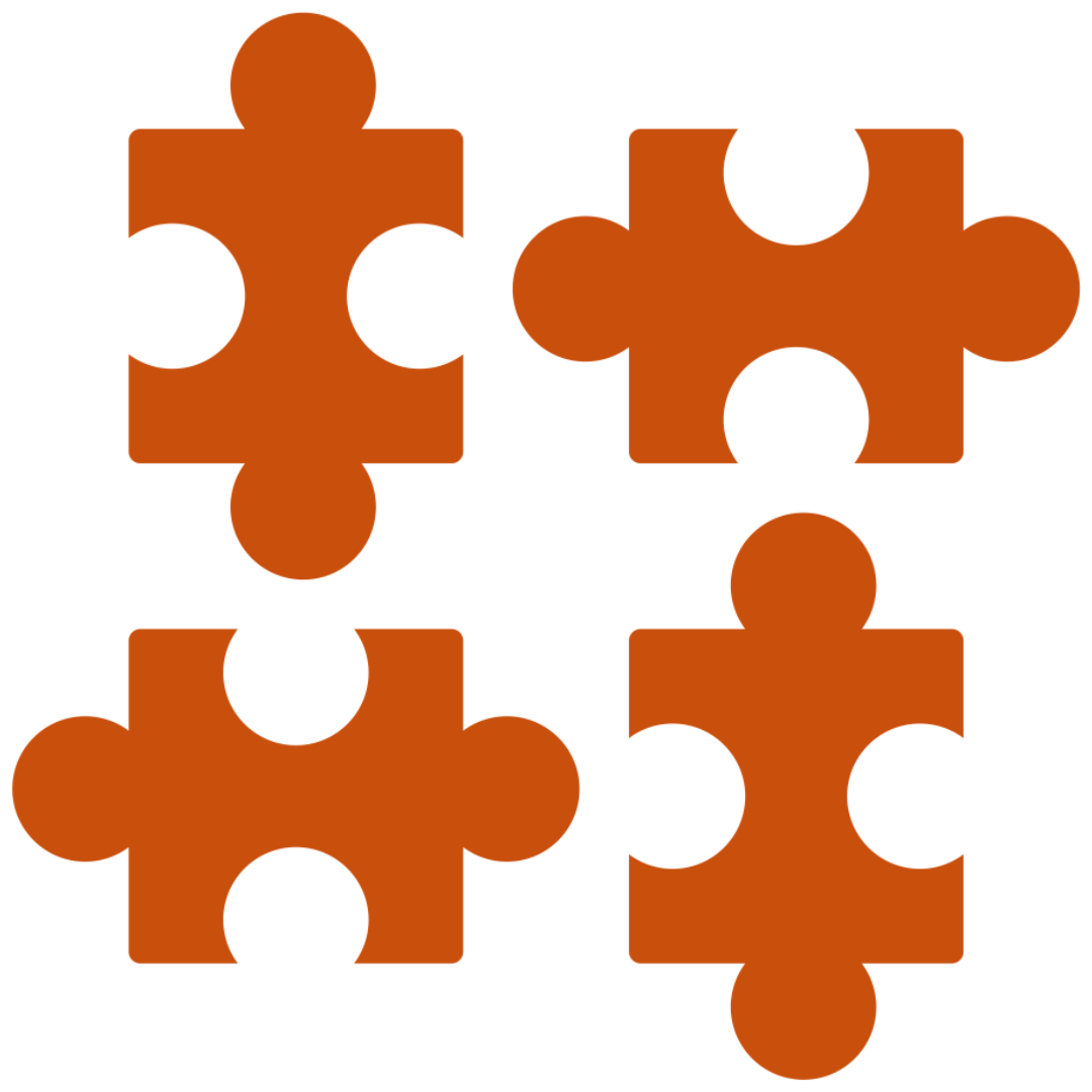 Icon for problem solving showing four puzzle pieces in a square.