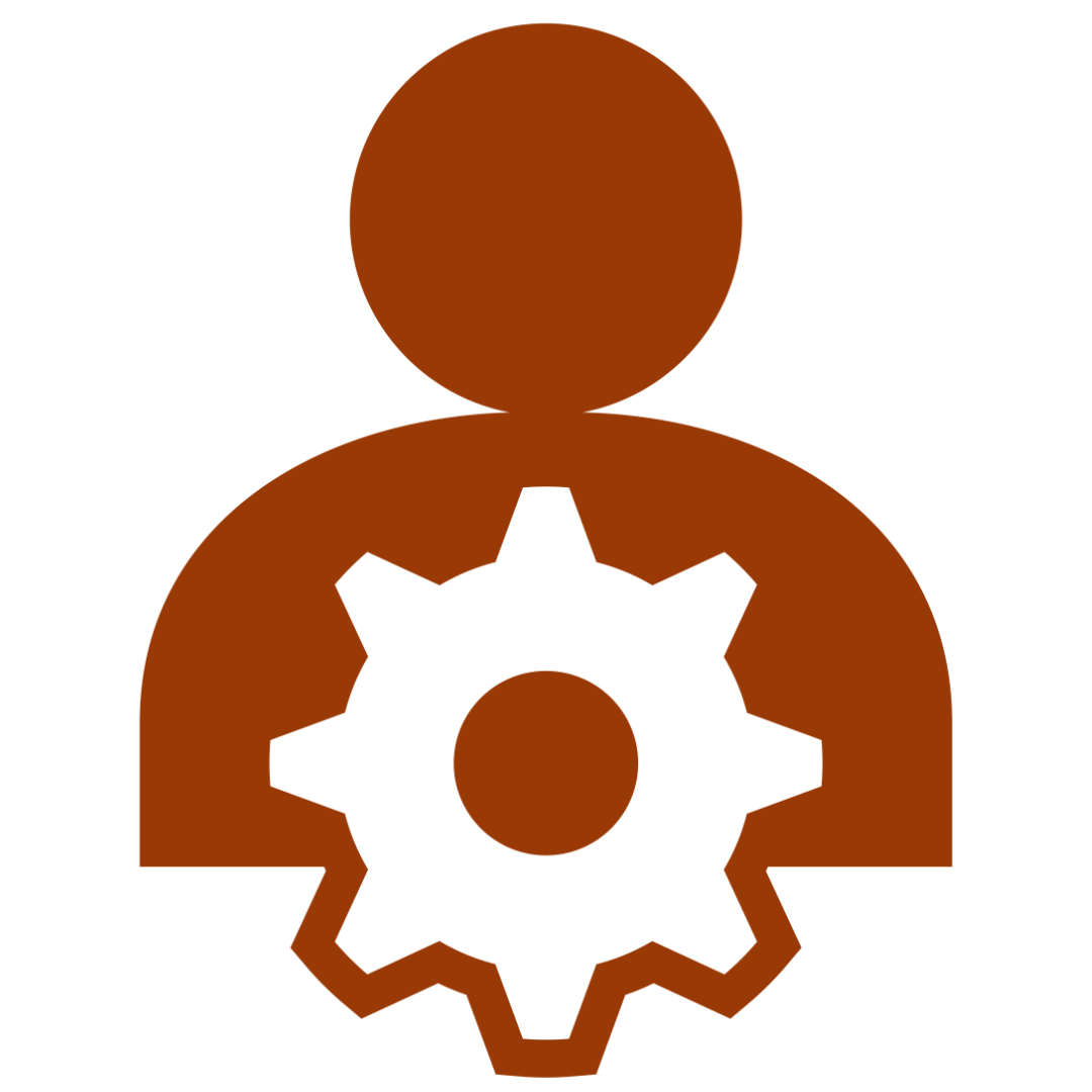 Icon for self management with a person shape and a gear on their chest.