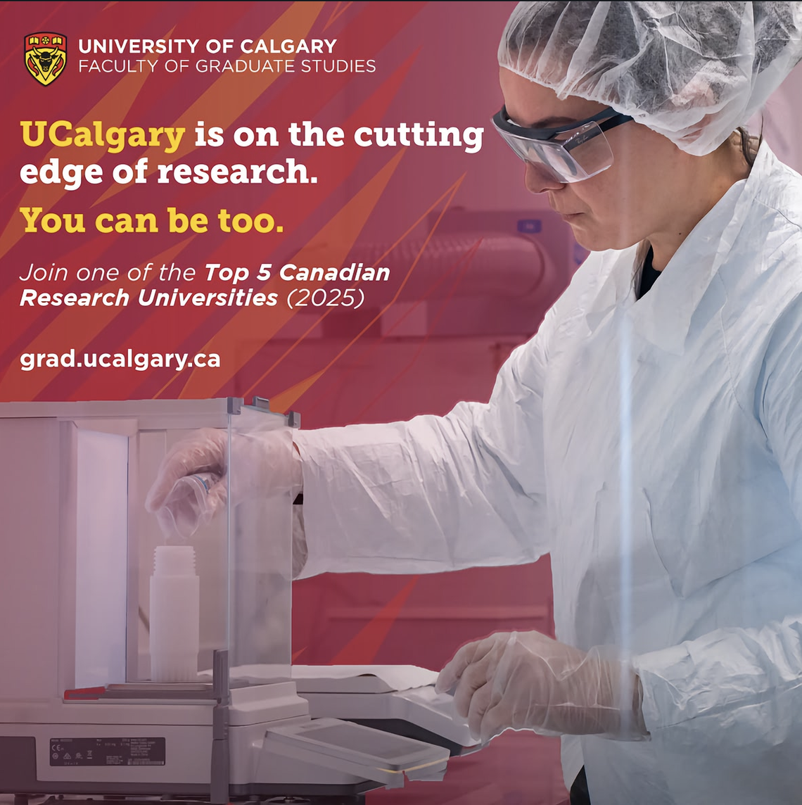 Kerri Miller weighing samples overlayed with text advertising UCalgary graduate programs.