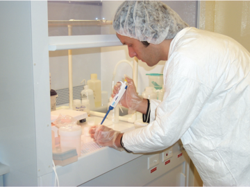 Man working in a fume hood.