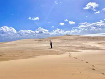 Wide sand dunes, blue sky, and a person far in the distance