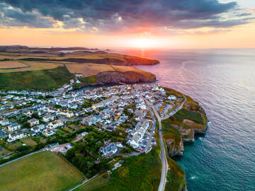 Aerial view of a small coastal town