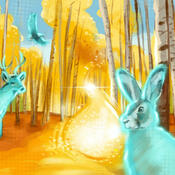 Ghostly animals lit by a fallen star in an aspen forest
