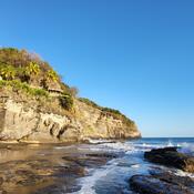 View of a rocky, forested coastline, as seen from the water, with a wave cresting