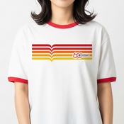 Woman wearing a ringer t-shirt