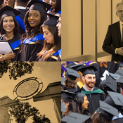 Images of UCalgary campus, graduates, and university President with a gold overlay