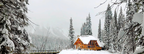 A snow-covered log cabin, with snowy fir trees alongside and an iced-over stretch of water in front