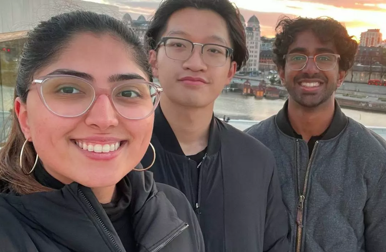 Photo of Simran with two other exchange students, posed smiling for a selfie